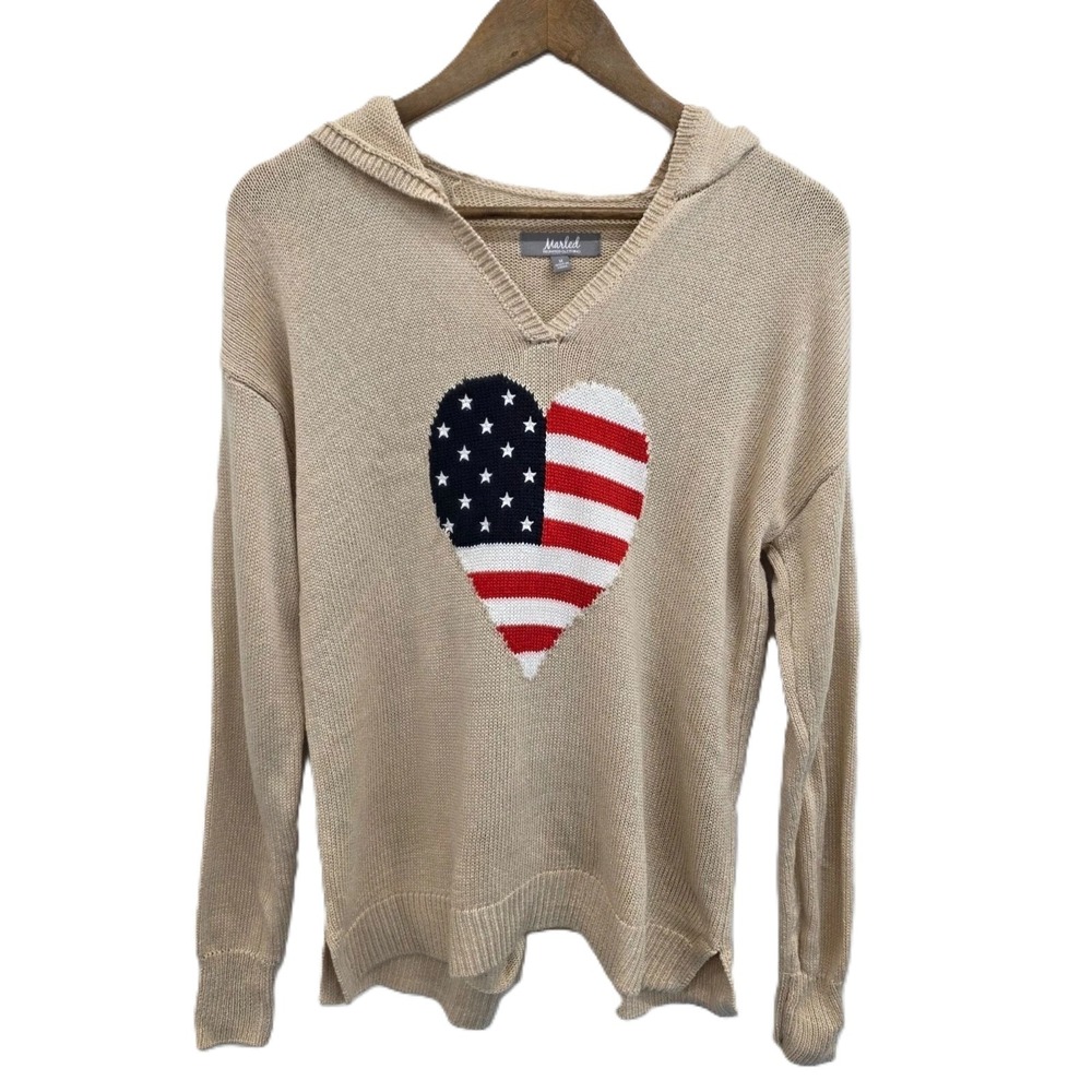 Womens M Beige Flag Heart Knit Hoodie Sweater Patriotic Americana Pullover Top